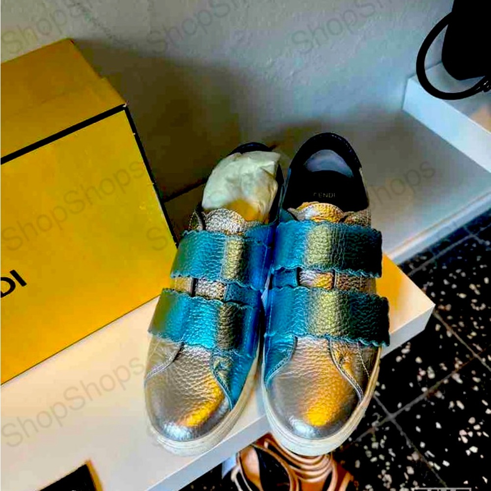 FENDI Metallic Sneakers Silver and Turquoise Size 40 Made In Italy